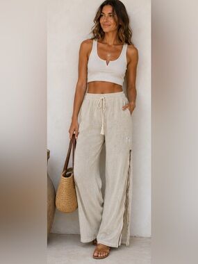 TURKS & CAICOS LINEN-LOOK MESH PANTS WITH SIDE GOLD TRIM